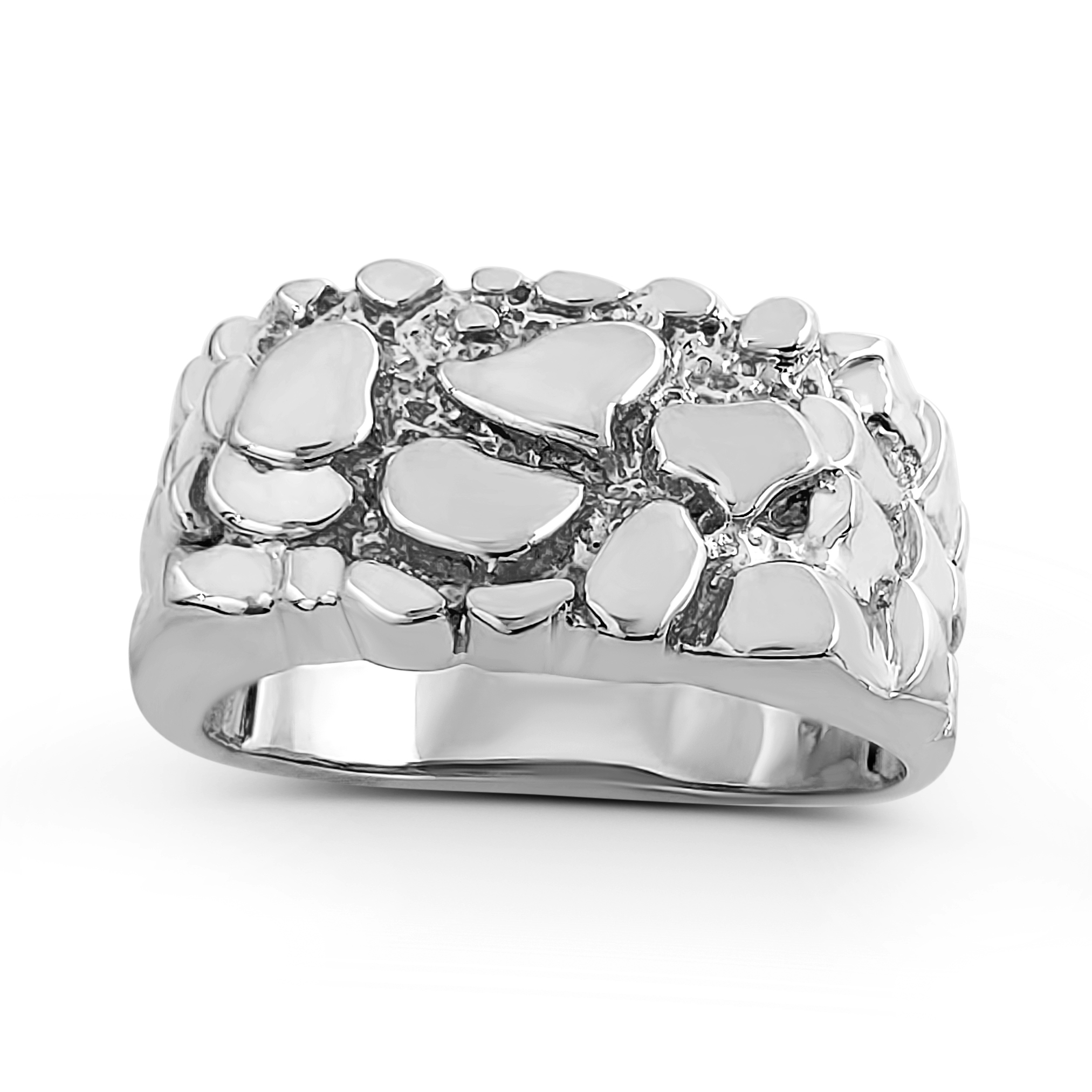 Solid 10K White Gold Classic 11mm Mens Nugget Ring, Size 5 - 15