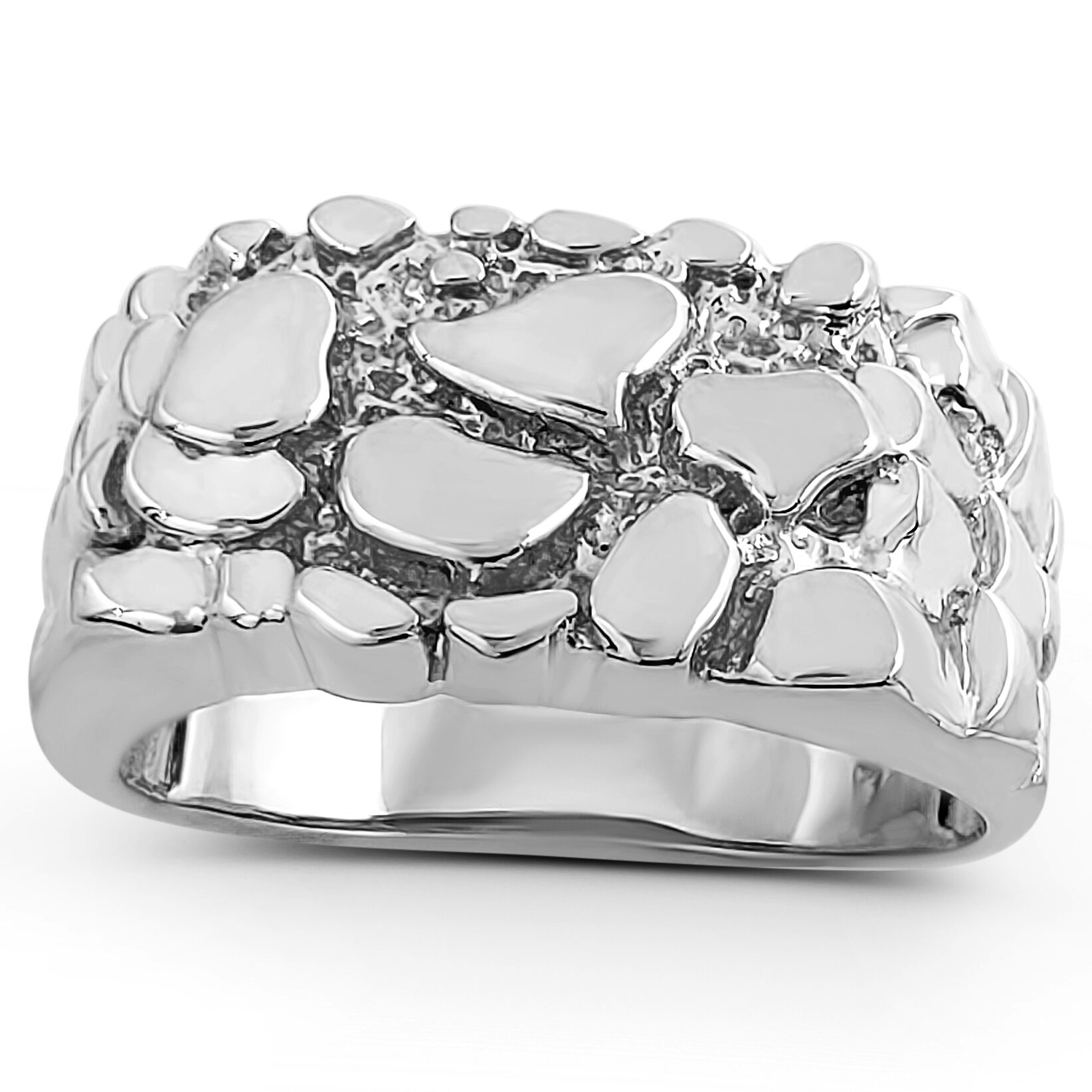 Solid 10K White Gold Classic 11mm Mens Nugget Ring, Size 5 - 15