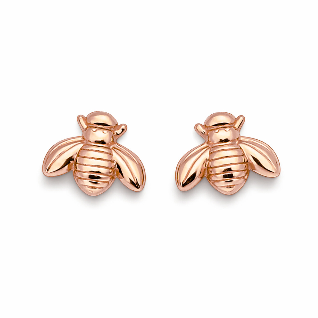 Solid 14K Rose Gold Bee Earrings, Honey Bee Stud, Small, Dainty 7mm, Bumble Bee
