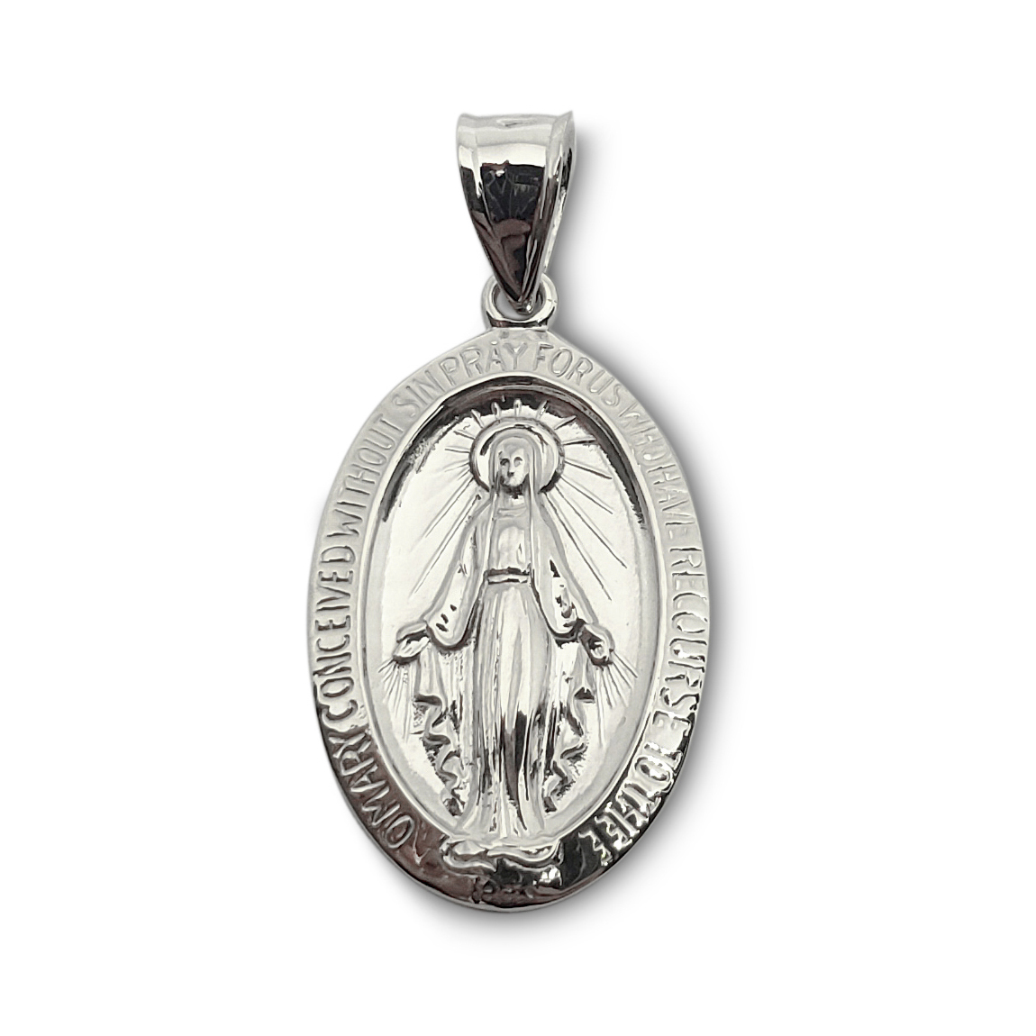 Solid 18K White Gold Miraculous Medal Virgin Mary Pendant, 3/4", Catholic