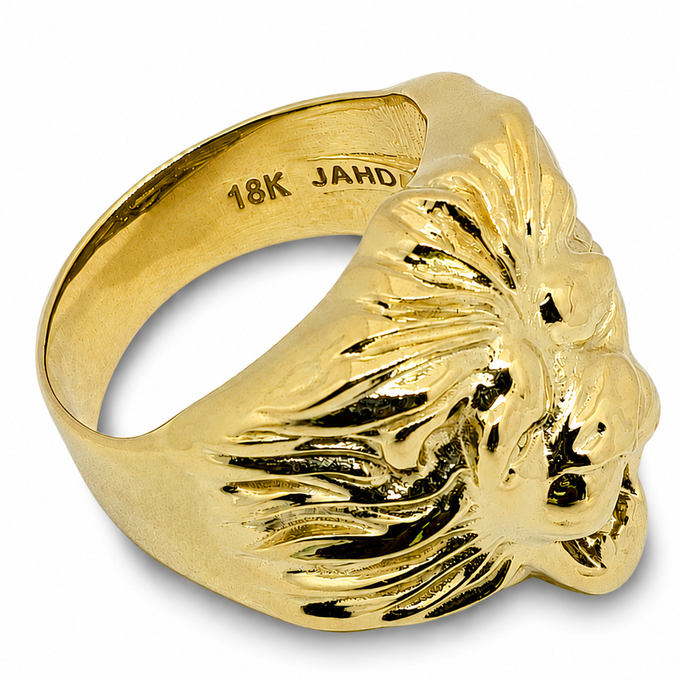 Solid 18K Yellow Gold Mens Lion Ring XXL Heavy Roaring Lion Ring