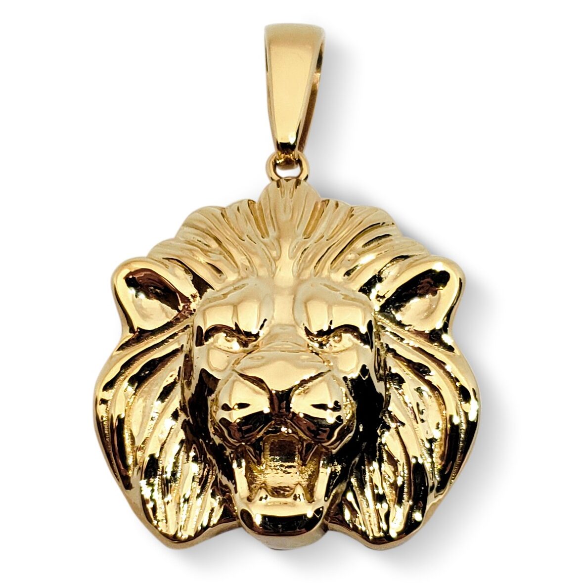 Solid 18K Yellow Gold Mens Lion Pendant Charm, 24mm