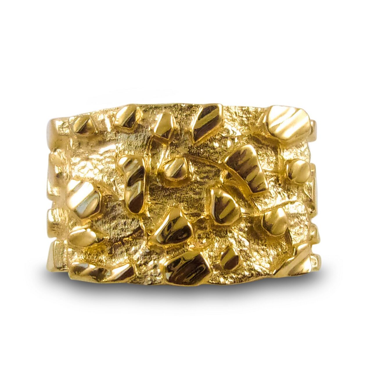Solid 18K Yellow Gold Mens Nugget Ring Diamond Cut Heavy Wide Face, Size 5 - 15