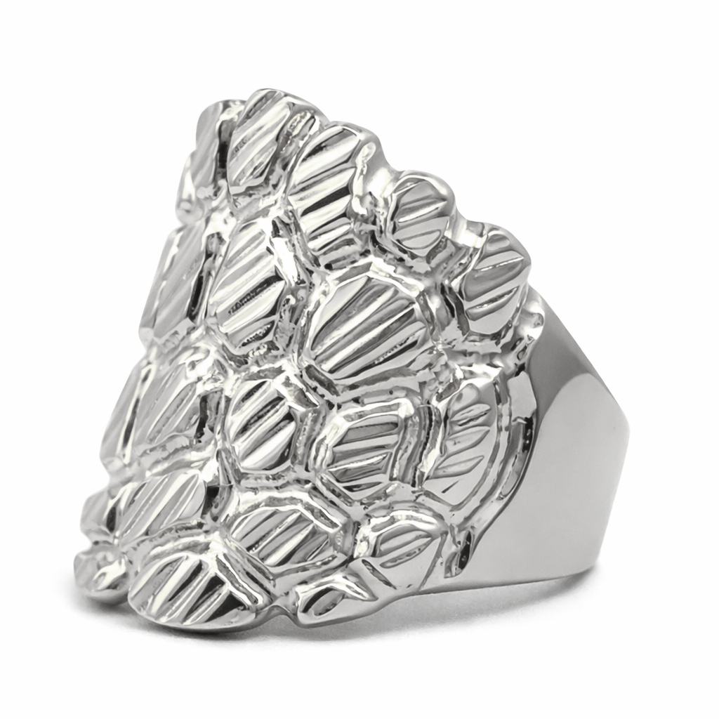 Solid 14K White Gold Heavy Large Diamond Cut Mens Nugget Ring, Size 5 - 15 XXL
