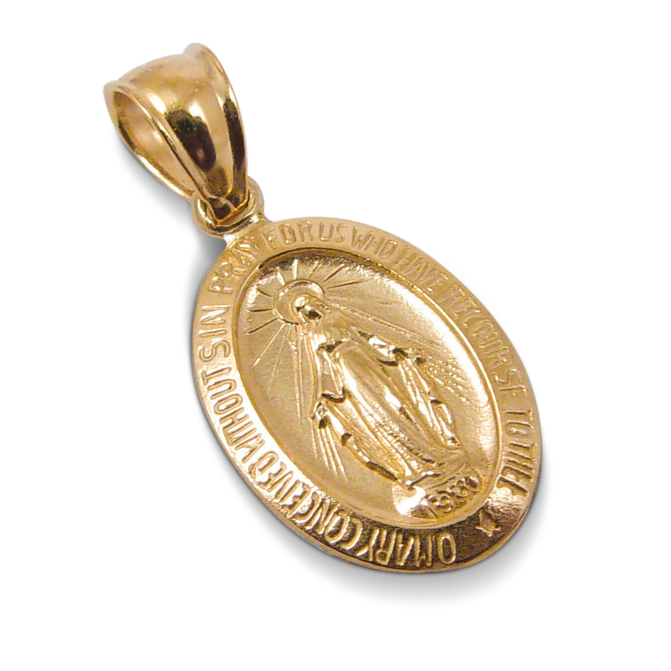 Solid 18K Yellow Gold Miraculous Medal Virgin Mary Pendant, 9/16", Catholic