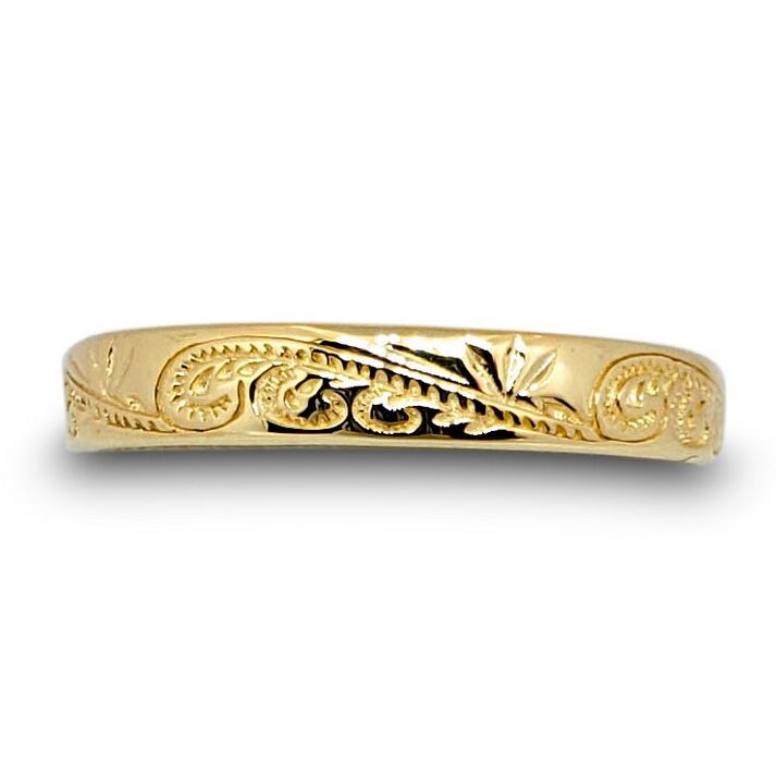 Solid 18K Women's Yellow Gold Ring Engraved Hawaiian Scroll Ring 4mm Size 1 - 12