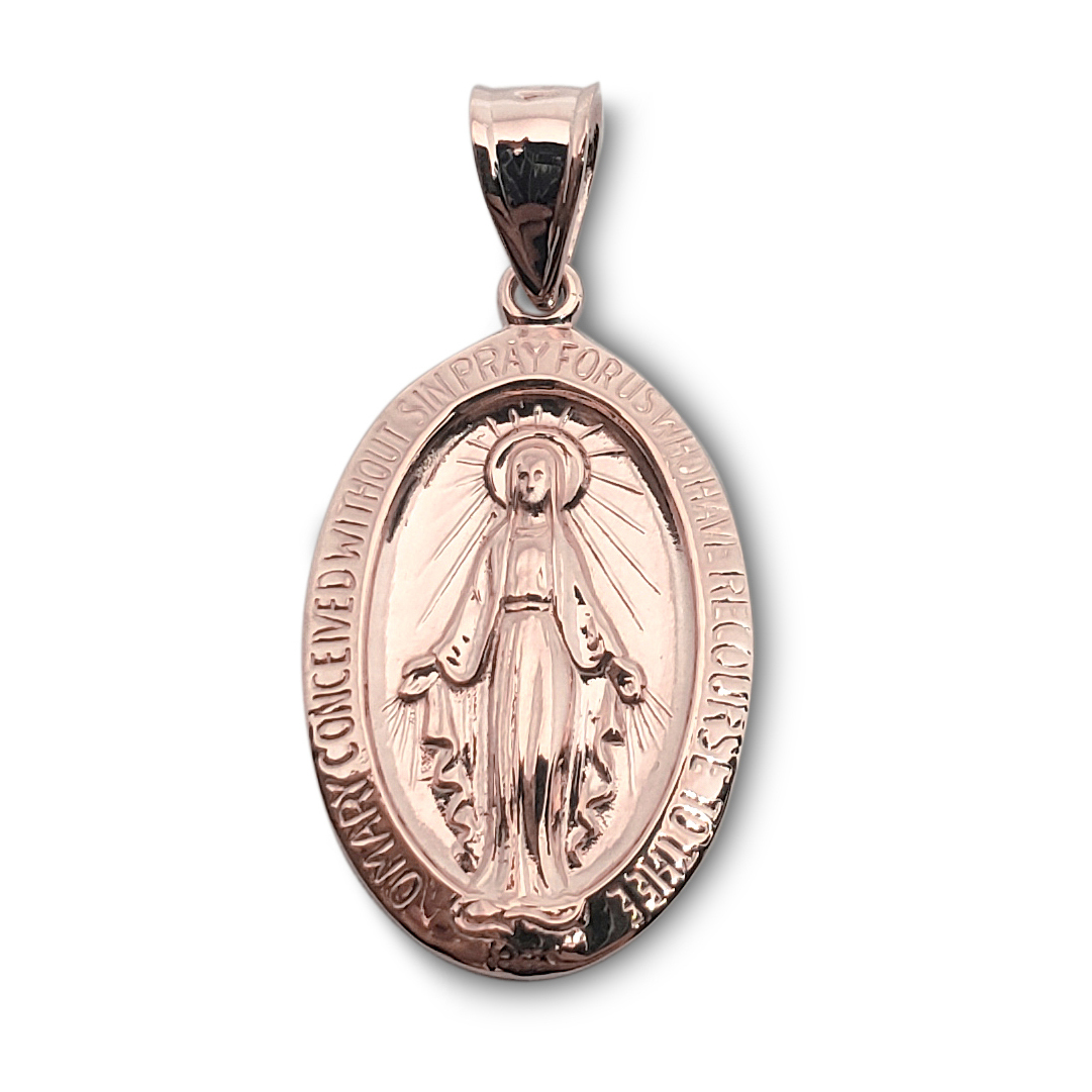 Solid 10K Rose Gold Miraculous Medal Virgin Mary Pendant, 3/4", Catholic