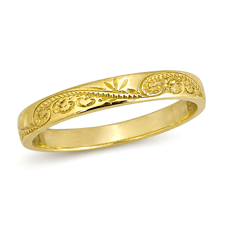 Solid 18K Women's Yellow Gold Ring Engraved Hawaiian Scroll Ring 4mm Size 1 - 12