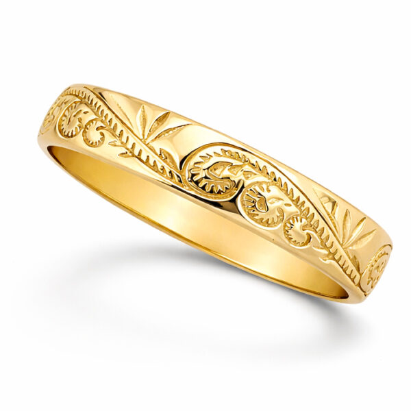 Solid 18K Women's Yellow Gold Ring Engraved Hawaiian Scroll Ring