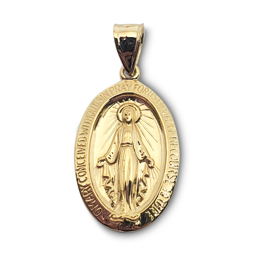 Solid 18K Yellow Gold Miraculous Medal Virgin Mary Pendant, 3/4", Catholic