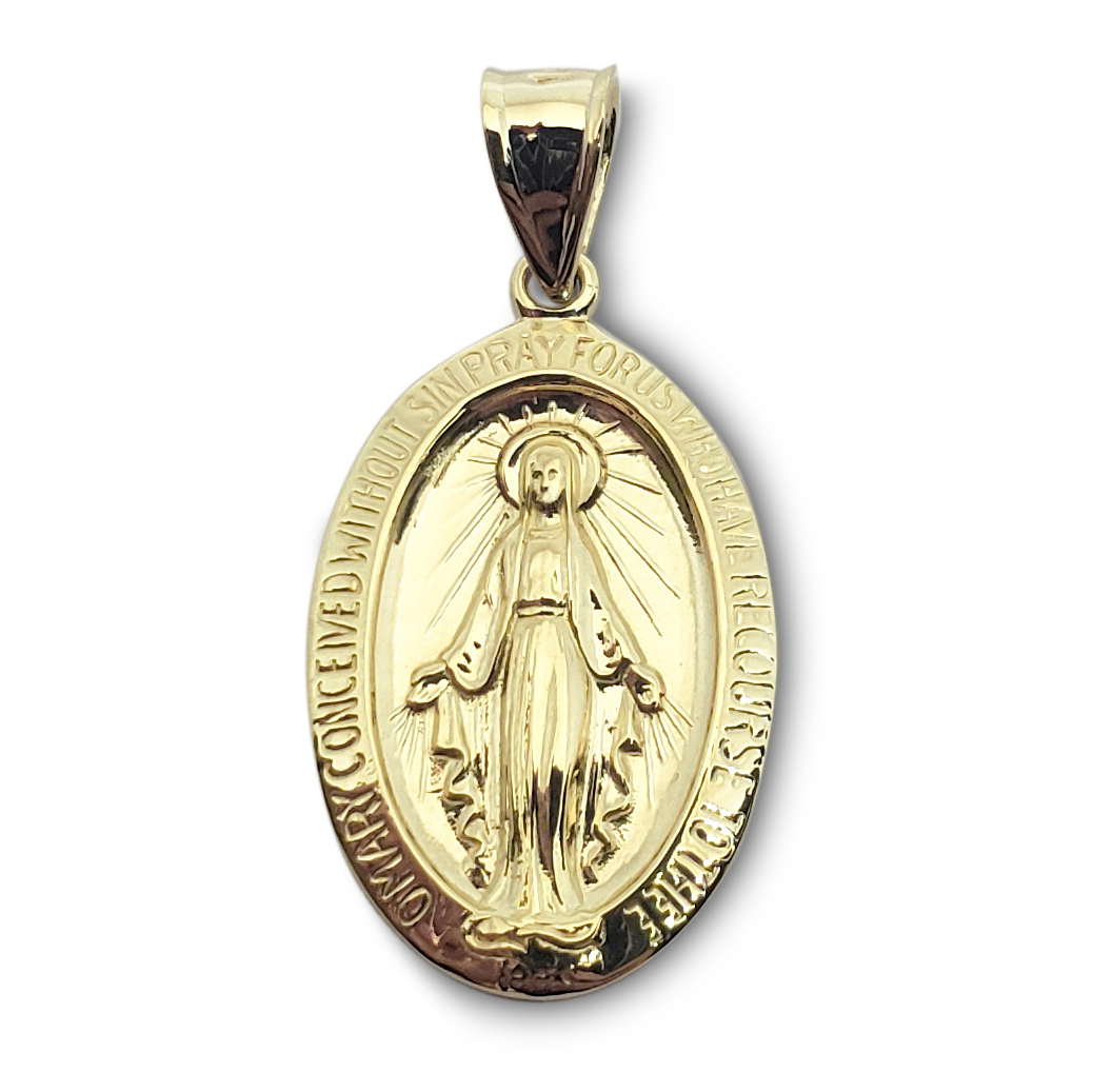 Solid 14K Yellow Gold Miraculous Medal Virgin Mary Pendant, 3/4", Catholic