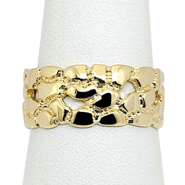 Solid 18K Yellow Gold Mens Nugget Band, 9mm Gold Nugget Ring, Size 5 - 15