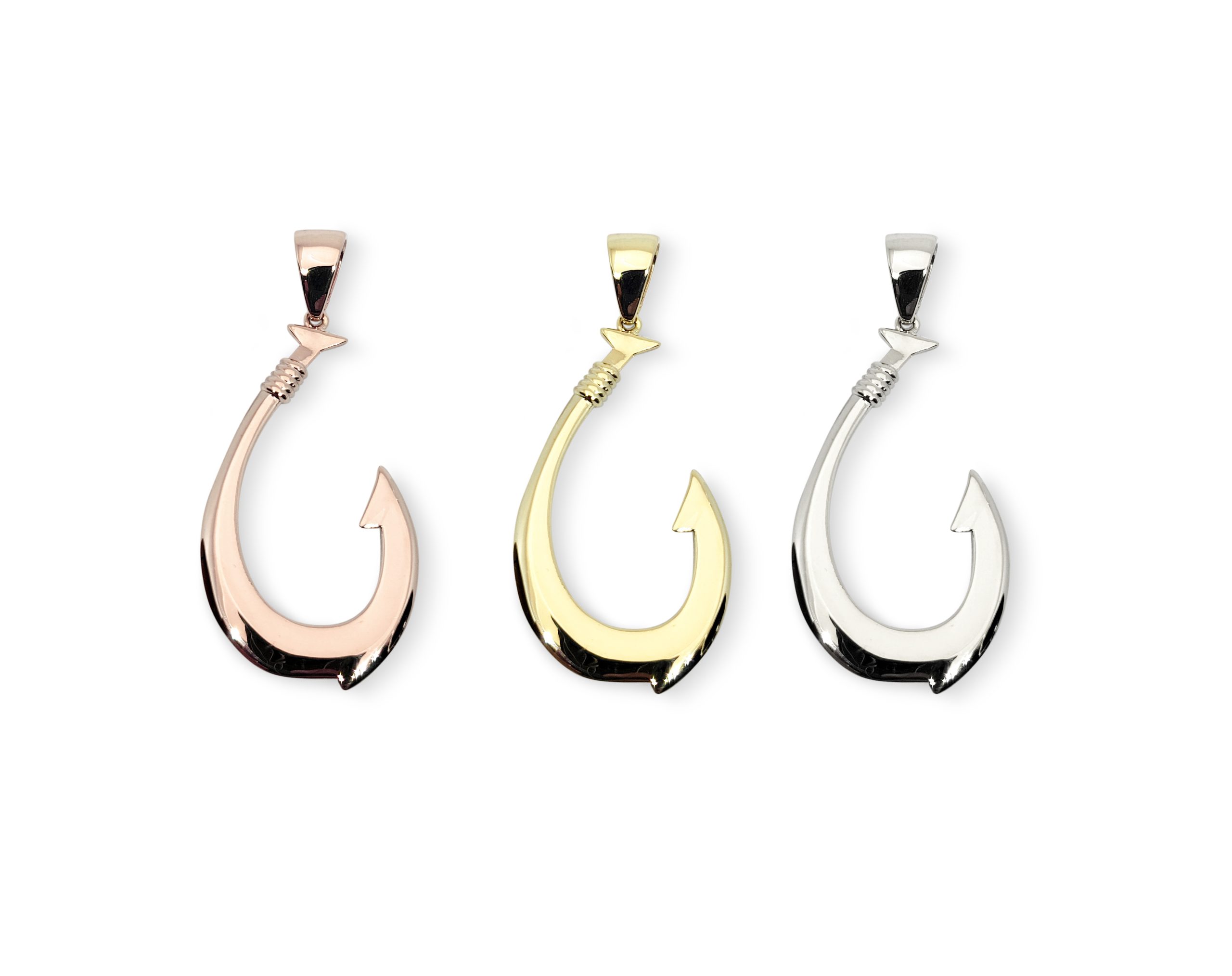 Solid 10K Yellow White or Rose Gold Fish Hook Pendant, large, 2 1