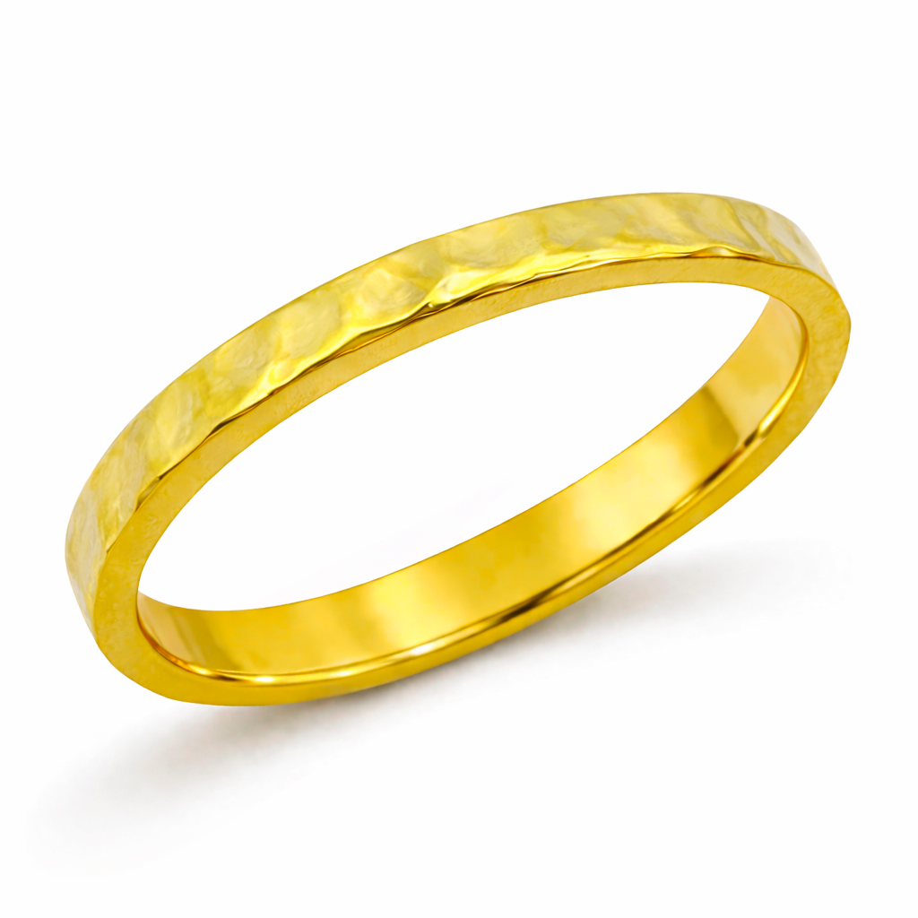 Solid 24K Yellow Gold Hammered Ring 2mm Sizes 1 - 12 Midi Faceted Stack Band