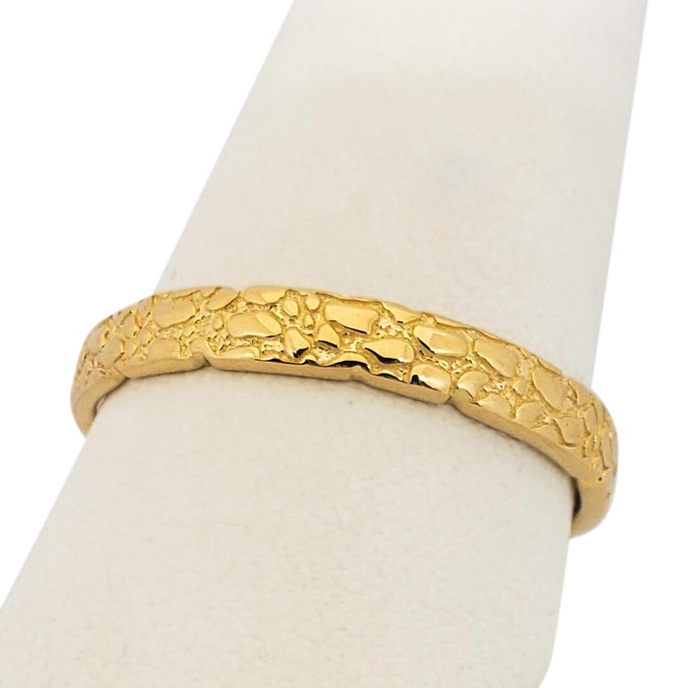 Solid 18K Yellow Gold Nugget Ring Band, 3mm Mens Gold Ring Sizes 1 - 15