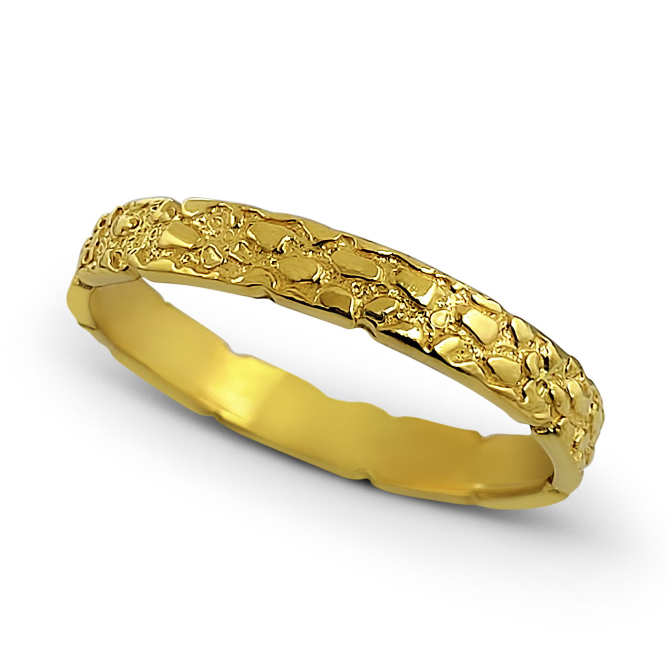 Solid 18K Yellow Gold Nugget Ring Band, 3mm Mens Gold Ring Sizes 1 - 15