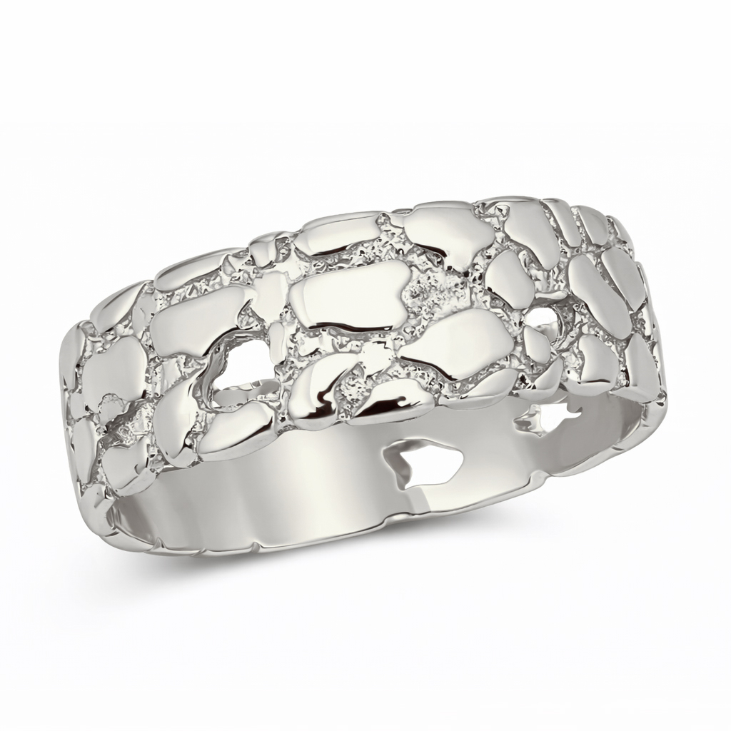 Solid 10K White Gold Nugget Band, 7mm Gold Nugget Ring, Size 5 - 15