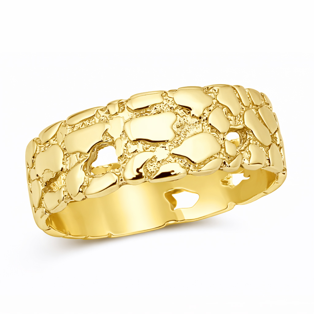 Solid 14K Yellow Gold Nugget Band, 7mm Gold Nugget Ring, Size 5 - 15
