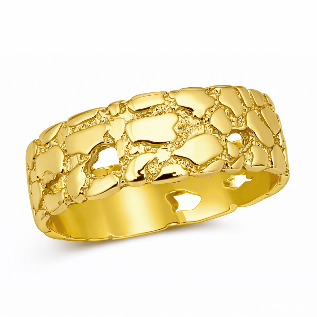 Solid 18K Yellow Gold Nugget Band, 7mm Gold Nugget Ring, Size 5 - 15