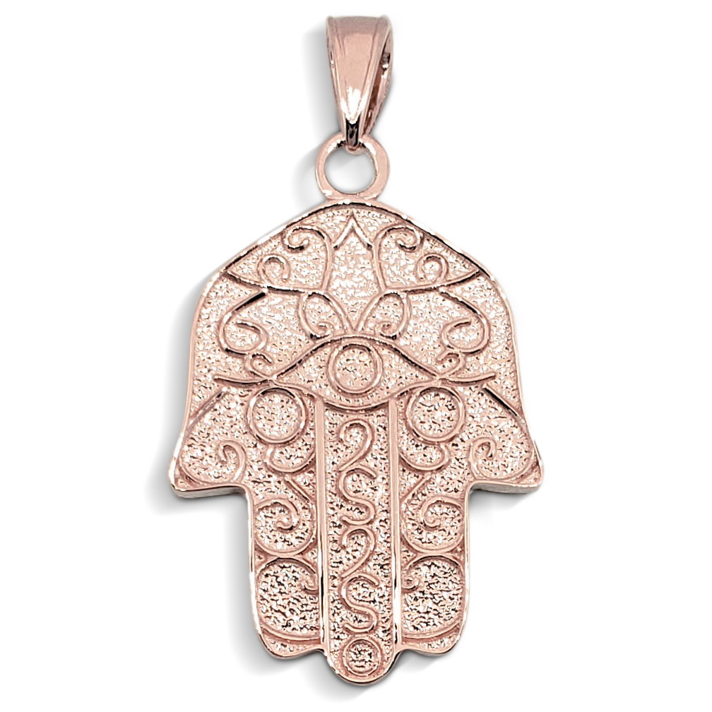 Solid 14K Rose Gold Hamsa Pendant, Filigree, Evil Eye Pendant, 7/8"