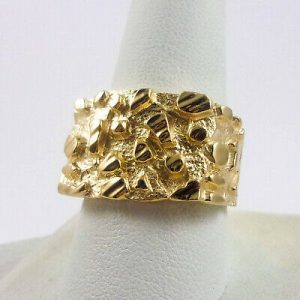 10k yellow gold mens nugget ring heavy diamond cut