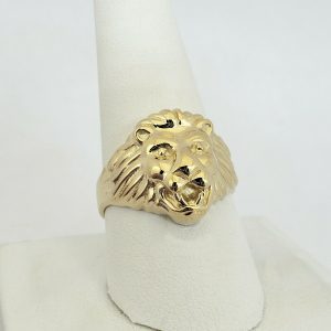 18k yellow gold large heavy mens lion ring
