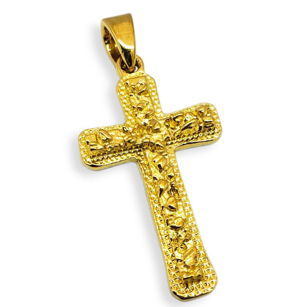 Solid 24K Yellow Gold Mens Nugget Cross Small Gold Cross Pendant, 7/8" 3.2 grams