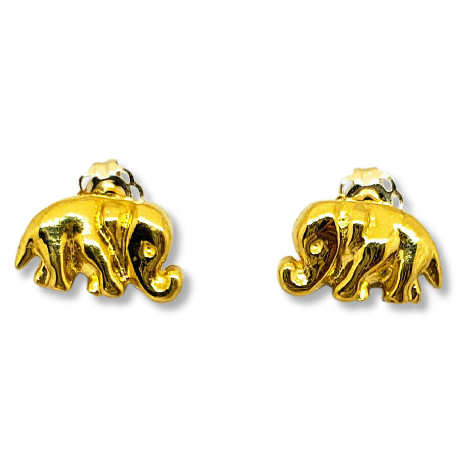 Solid 24K Yellow Gold Stud Earrings 12mm Walking Elephant, 3 grams