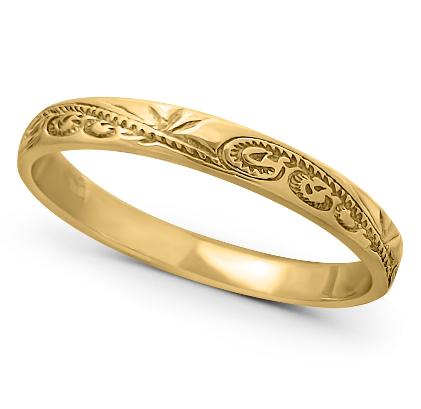 Solid 18K Womens Yellow Gold Engraved Hawaiian Scroll Ring 3mm Gold Band Stackable Gold Ring, Midi