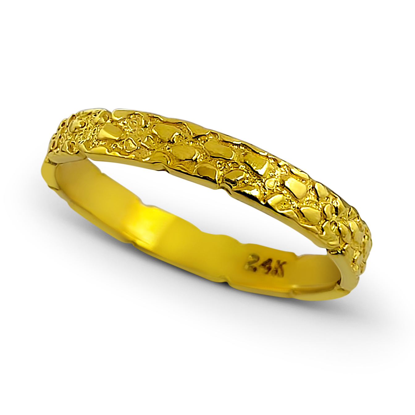 Solid 24K Yellow Gold Nugget Band, 3mm Gold Nugget Ring, Size 5 - 11