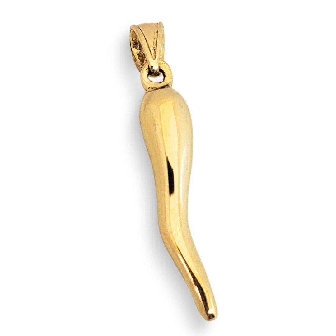 Solid 18K Yellow Gold Italian Horn Pendant Cornicello Pendant, Fully Round 1"