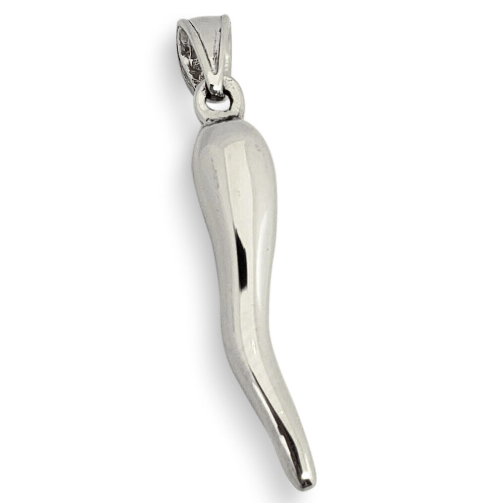 Solid 14K White Gold Italian Horn Pendant Cornicello Pendant, Fully Round 1"