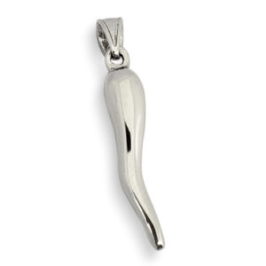 Solid 18K White Gold Italian Horn Pendant Cornicello Pendant, Fully Round 1"