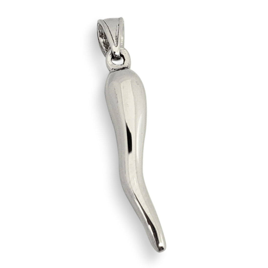 Solid 18K White Gold Italian Horn Pendant Cornicello Pendant, Fully Round 1"