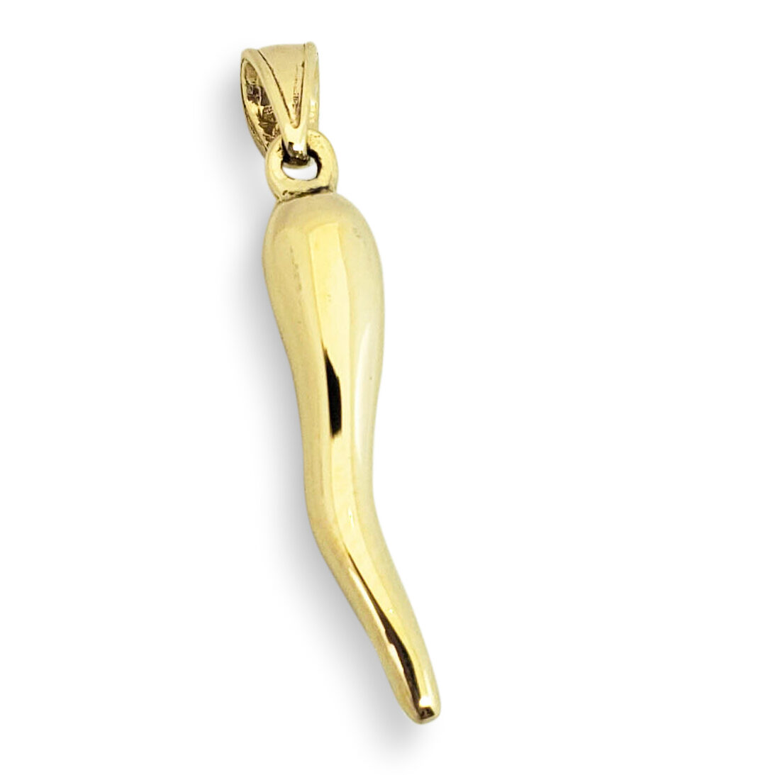 Solid 14K Yellow Gold Italian Horn Pendant Cornicello Pendant, Fully Round 1"