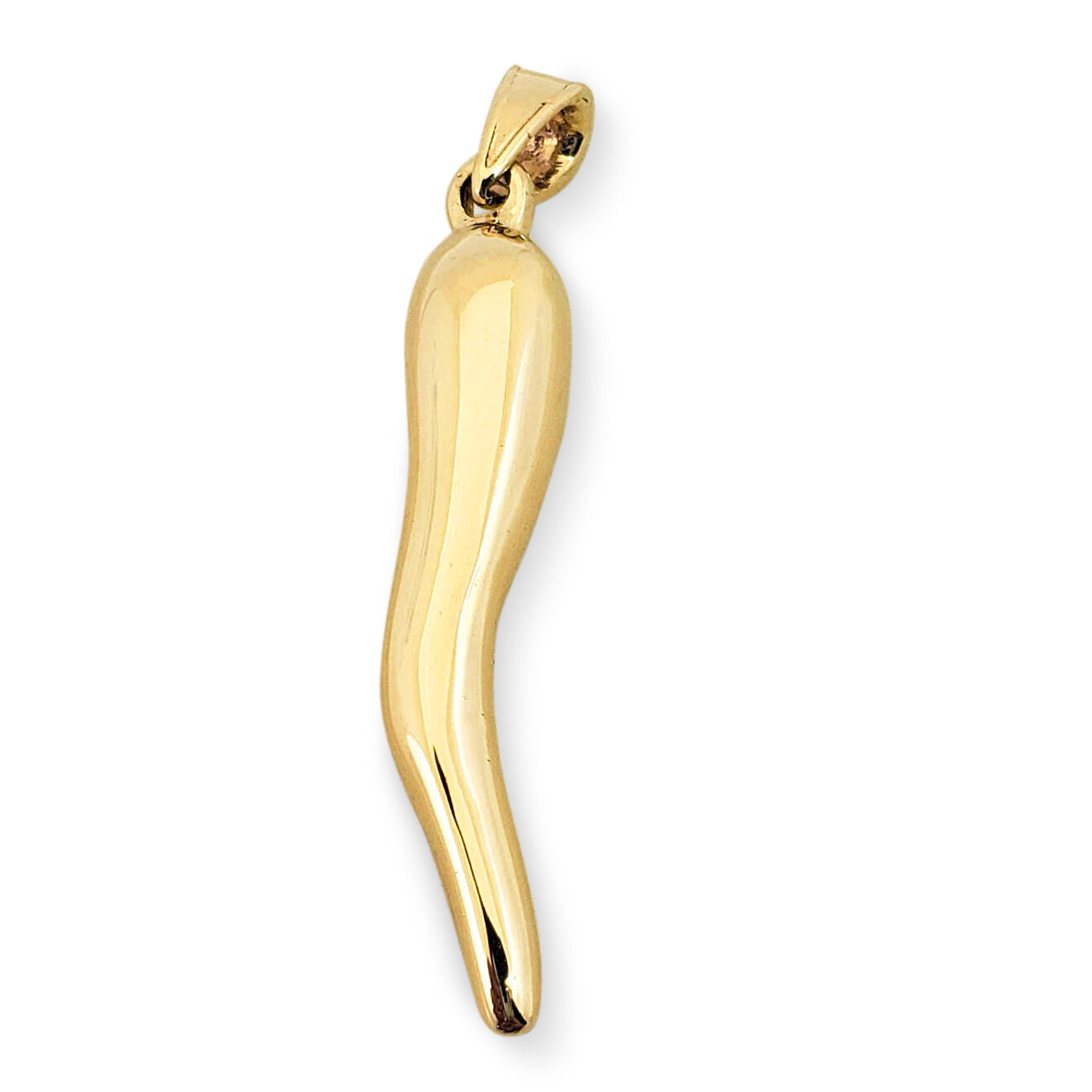 18K Yellow Gold Italian Horn Pendant Cornicello Pendant, Fully Round 1-3/16"