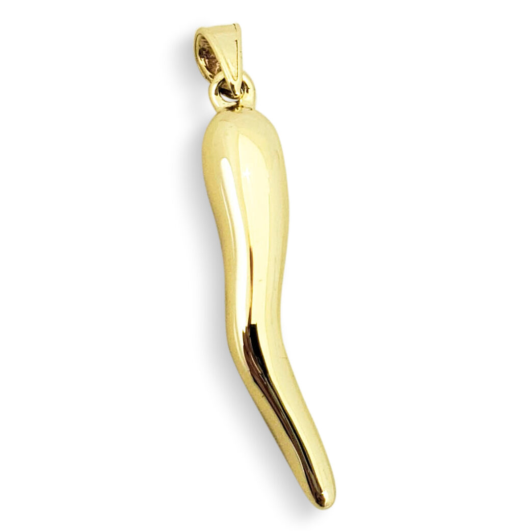 10K Yellow Gold Italian Horn Pendant Cornicello Pendant, Fully Round 1-3/16"