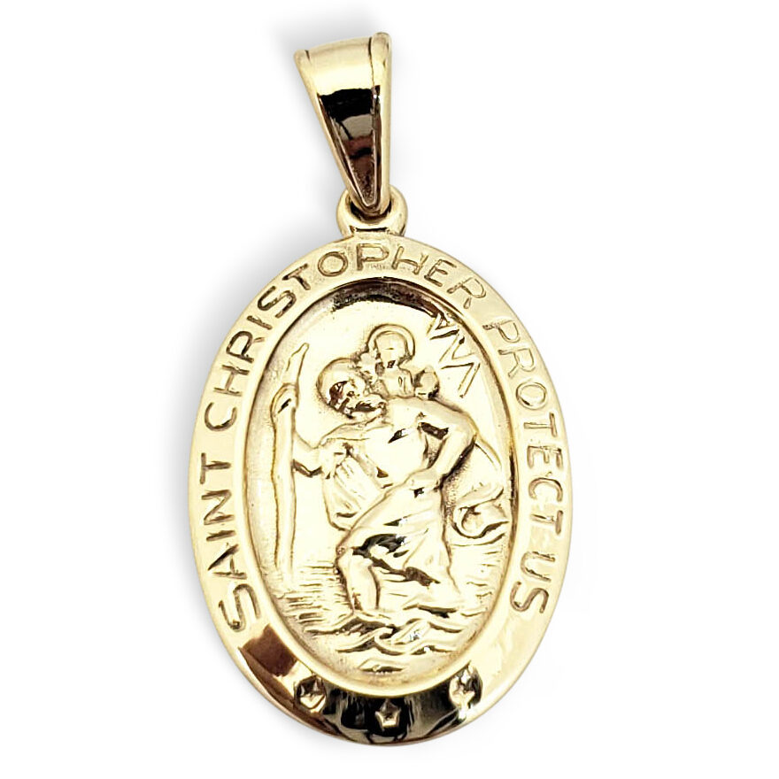 Solid 10K Yellow Gold St. Christopher Medal Pendant, 3/4", Catholic Saint