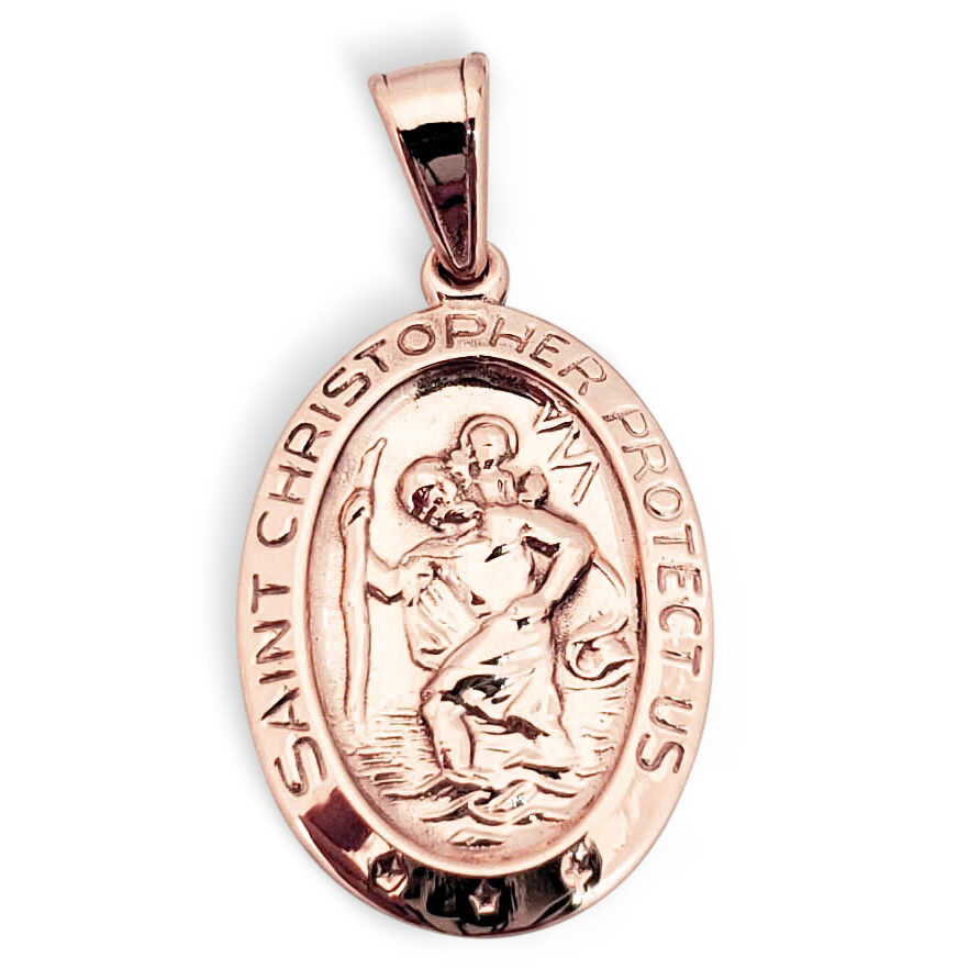 Solid 10K Rose Gold St. Christopher Medal Pendant, 3/4", Catholic Saint