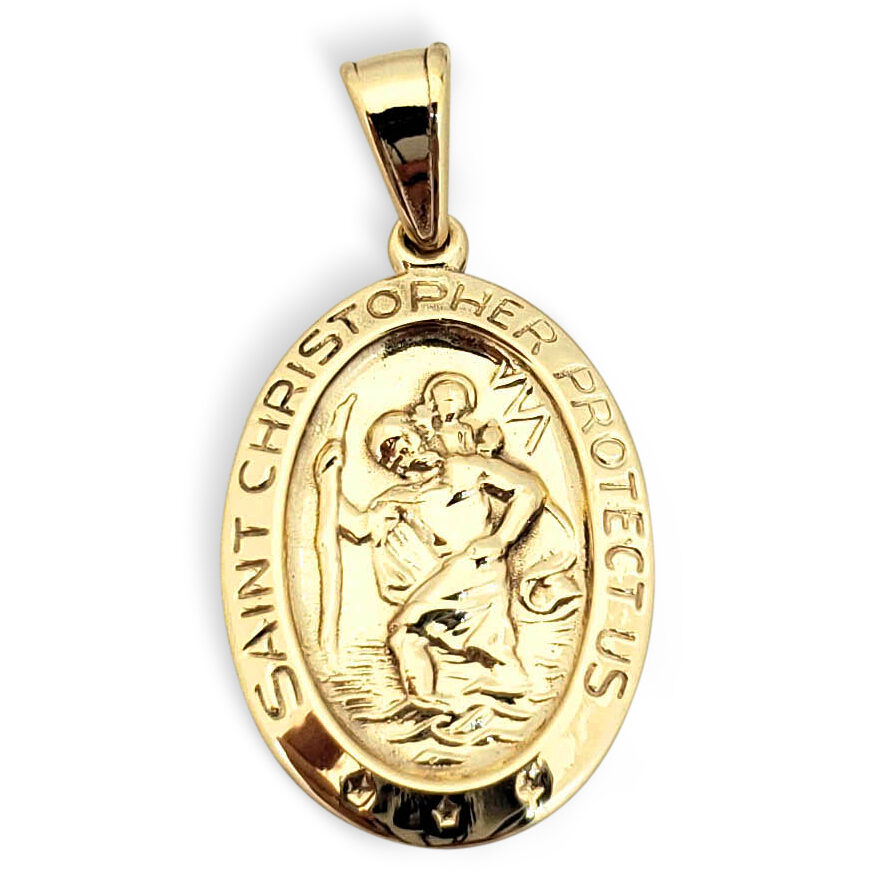 Solid 18K Yellow Gold St. Christopher Medal Pendant, 3/4", Catholic Saint