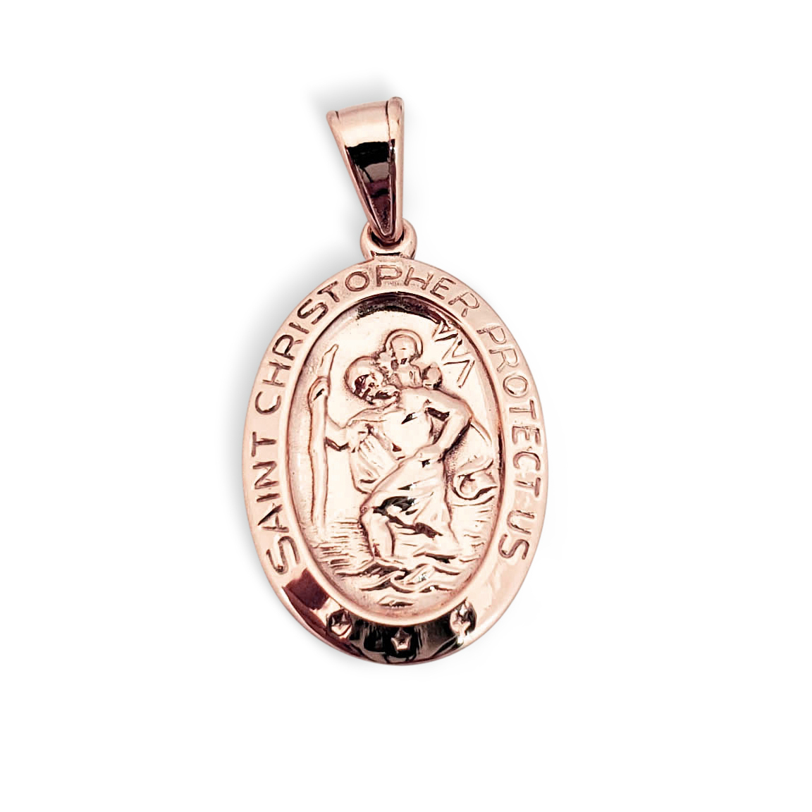 Solid 10K Rose Gold St. Christopher Medal Pendant, 3/4", Catholic Saint