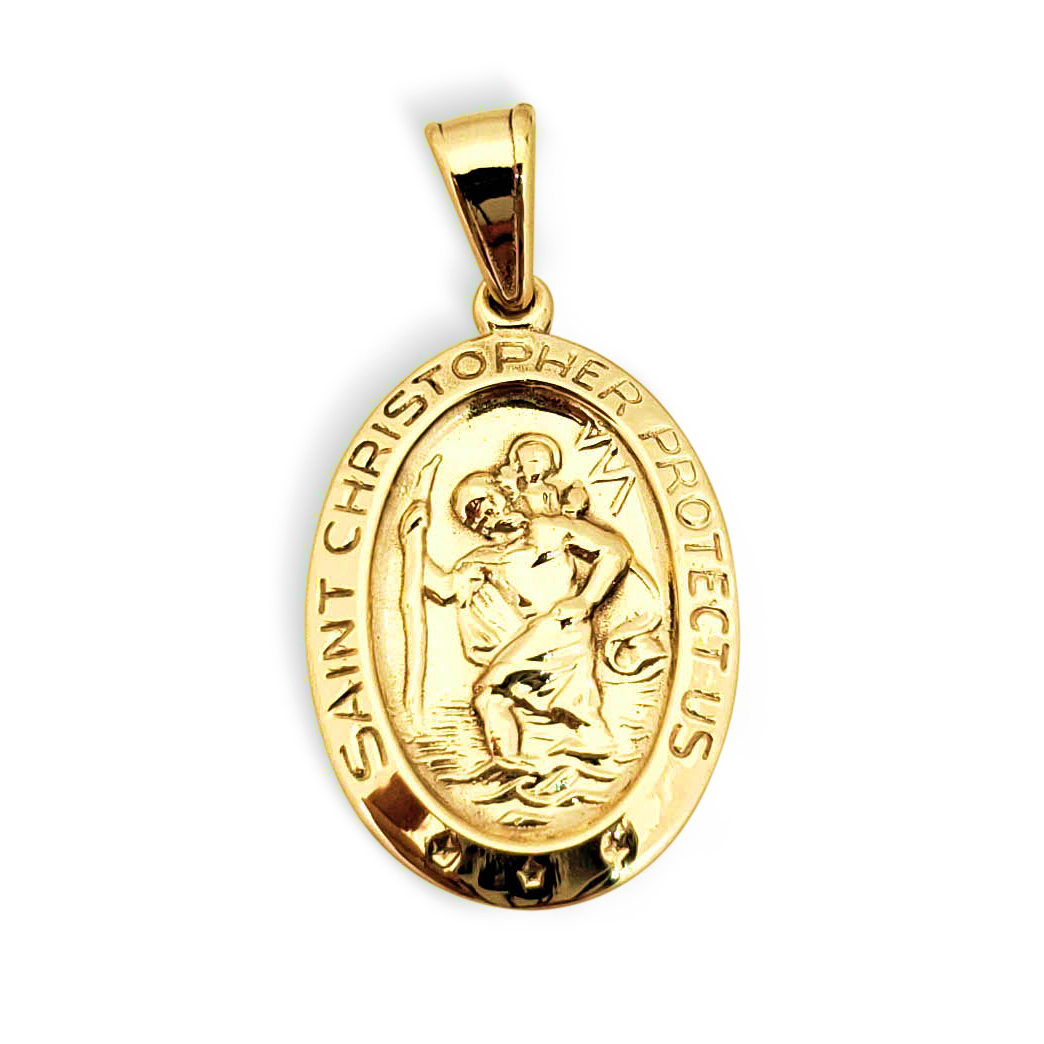 Solid 18K Yellow Gold St. Christopher Medal Pendant, 3/4", Catholic Saint