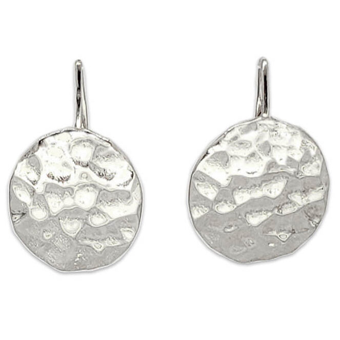 Solid 18K White Gold Drop Dangle Hammered Circle Disc Earrings 14mm