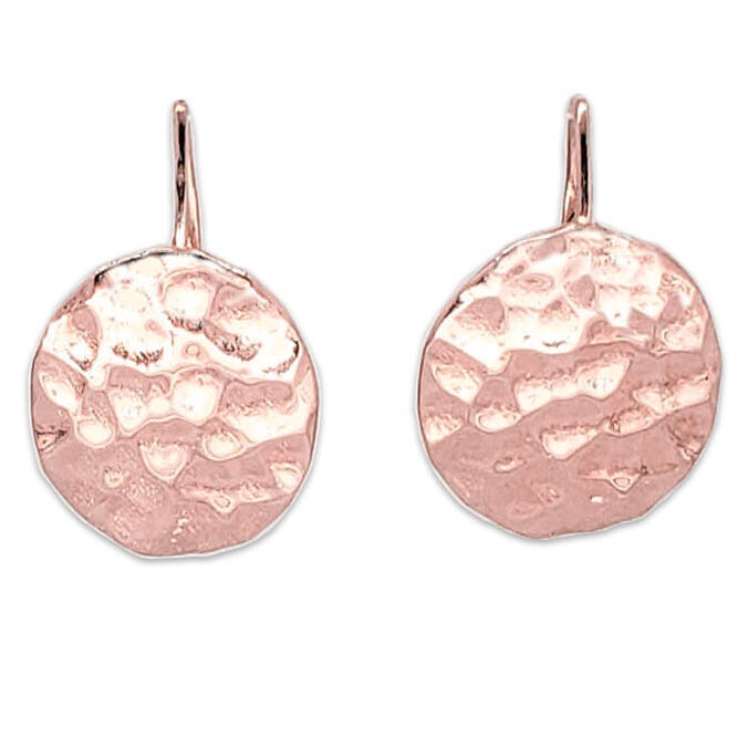 Solid 18K Rose Gold Drop Dangle Hammered Circle Disc Earrings 14mm