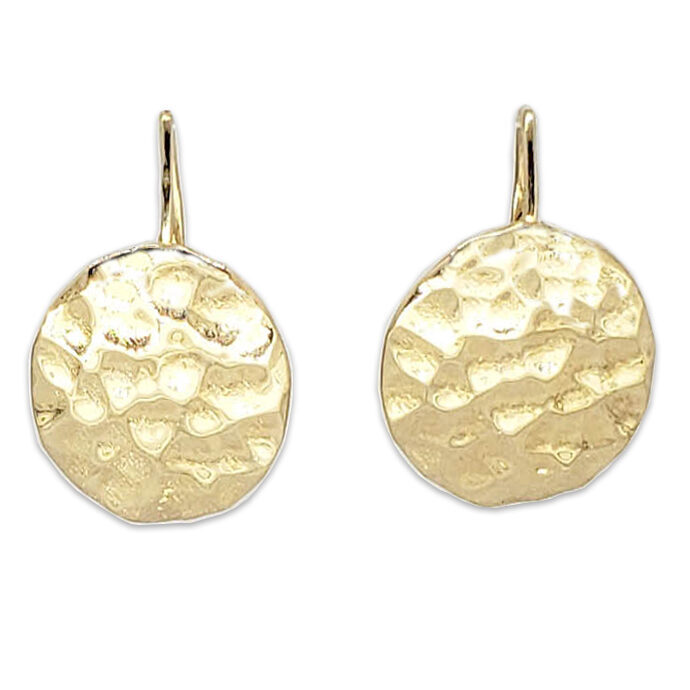 Solid 14K Yellow Gold Drop Dangle Hammered Circle Disc Earrings 14mm