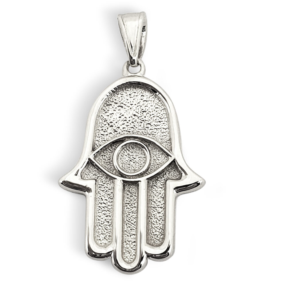 Solid 10K White Gold Hamsa Pendant, Evil Eye Pendant, 2.3 grams, 7/8"