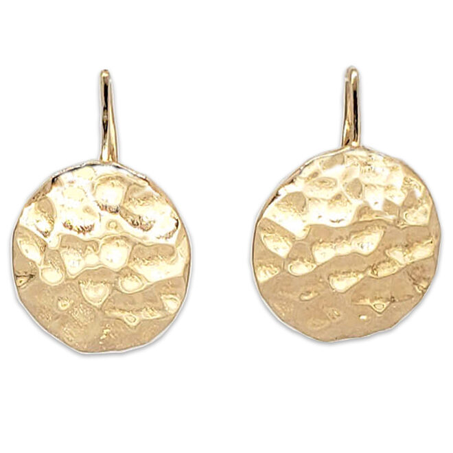 Solid 18K Yellow Gold Drop Dangle Hammered Circle Disc Earrings 14mm