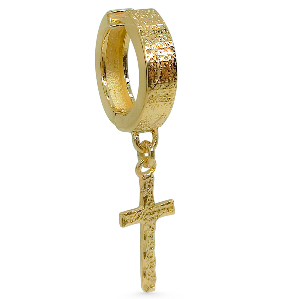Real 18K Yellow Gold Cross Earring Single Dangle Cross Earring Mens Gold Hoop