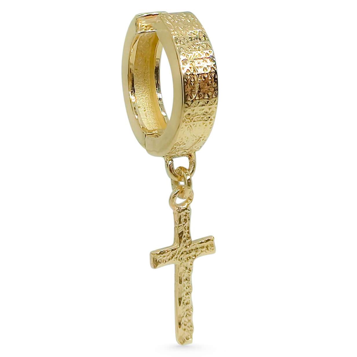 Real 14K Yellow Gold Cross Earring Single Dangle Cross Earring Mens Gold Hoop
