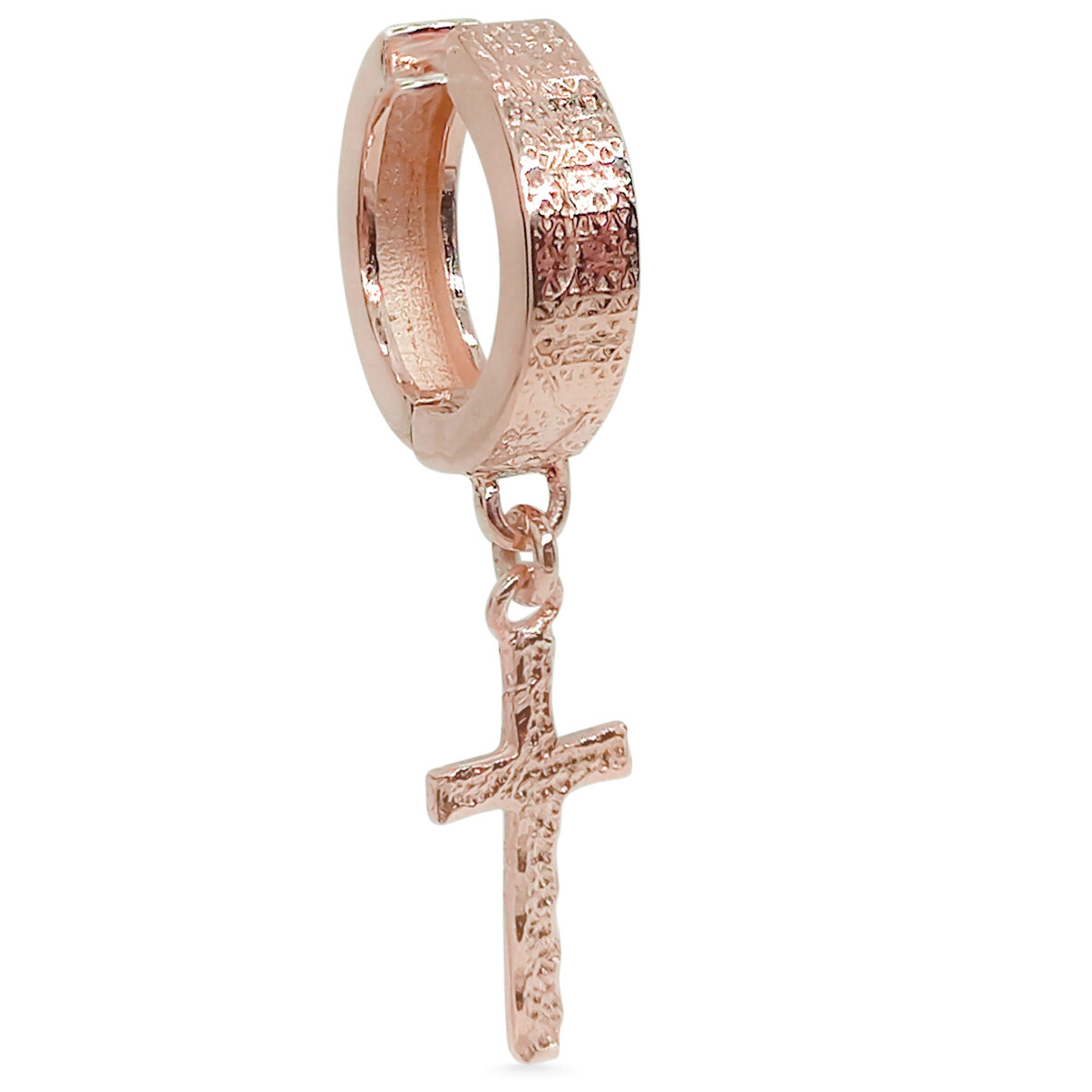 Real 18K Rose Gold Cross Earring Single Dangle Cross Earring Mens Gold Hoop